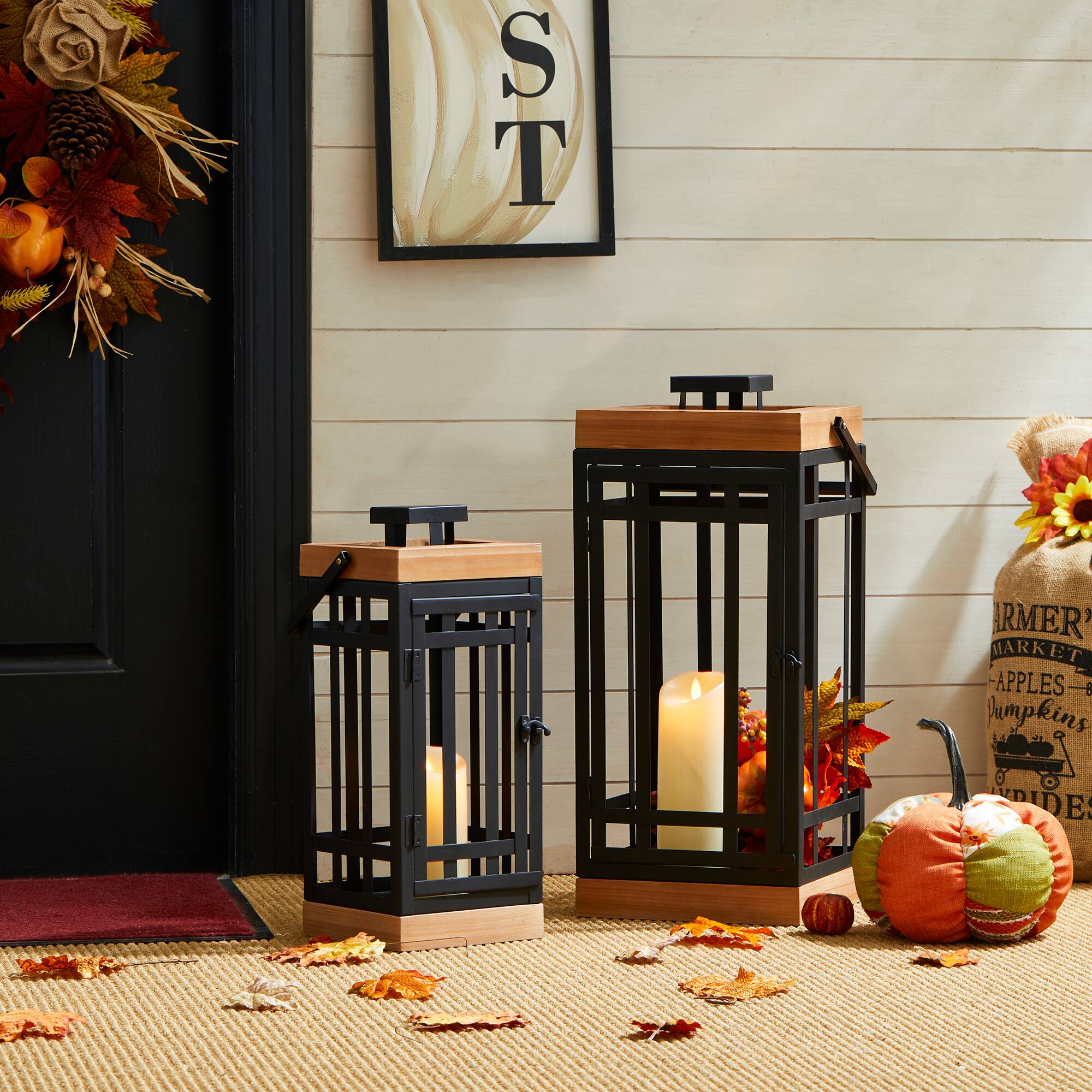 Glitzhome® Black Modern Square Metal & Wood Lanterns Set